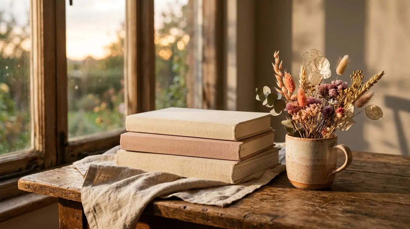 Stacked blush and cream books with dried flowers and a ceramic cup in sunset window light