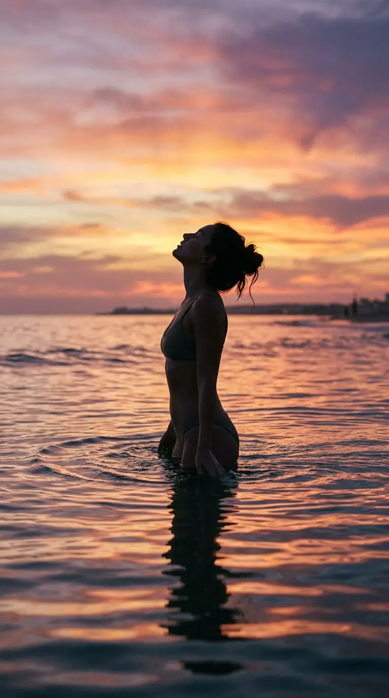 A person standing in the ocean at twilight, head tilted back, breathing in the mauve and gold sky