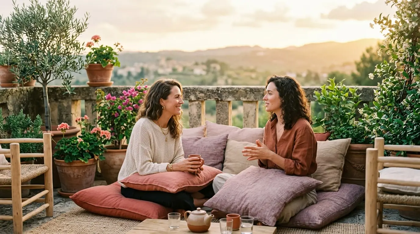 Two women in warm, attentive conversation on cushions on a sunlit terrace