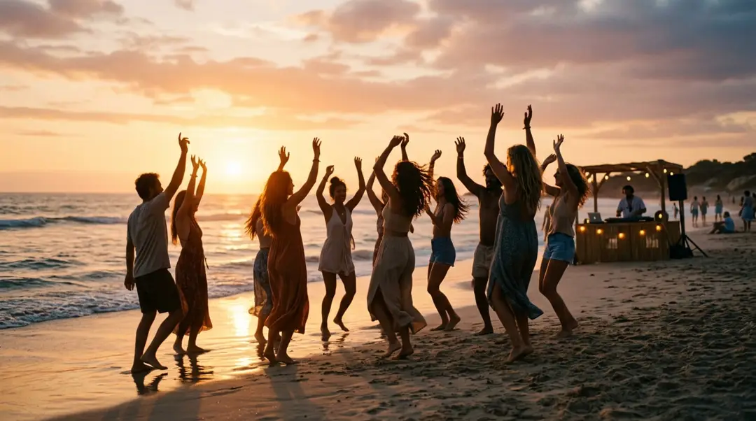 People dancing barefoot on the beach at sunset with arms raised