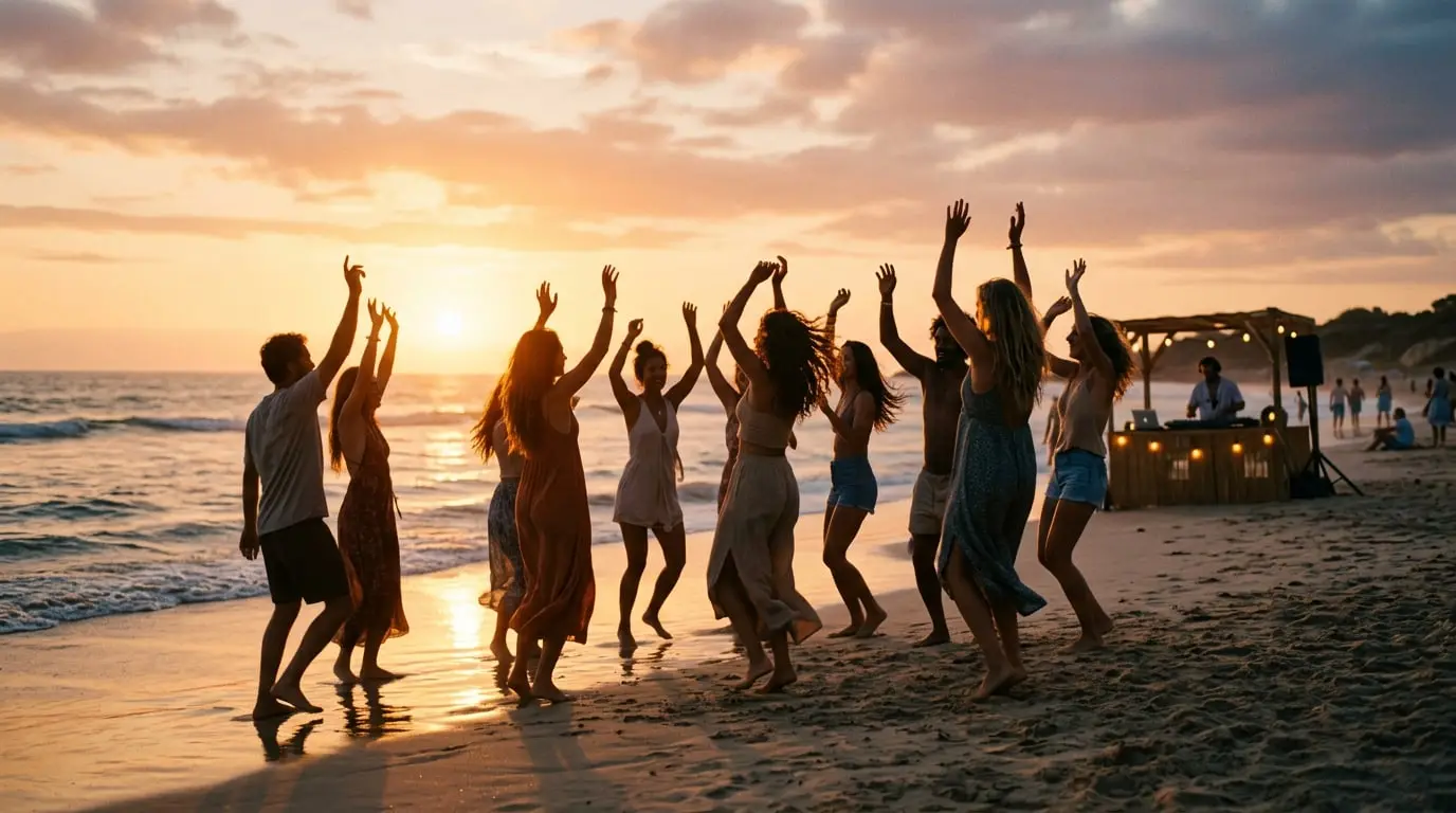 A group dancing barefoot on the beach at sunset, silhouetted against glowing sky