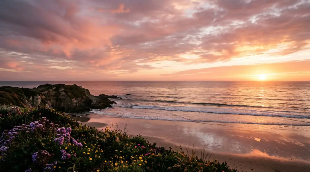 Golden sunset over a quiet beach and wildflower headland