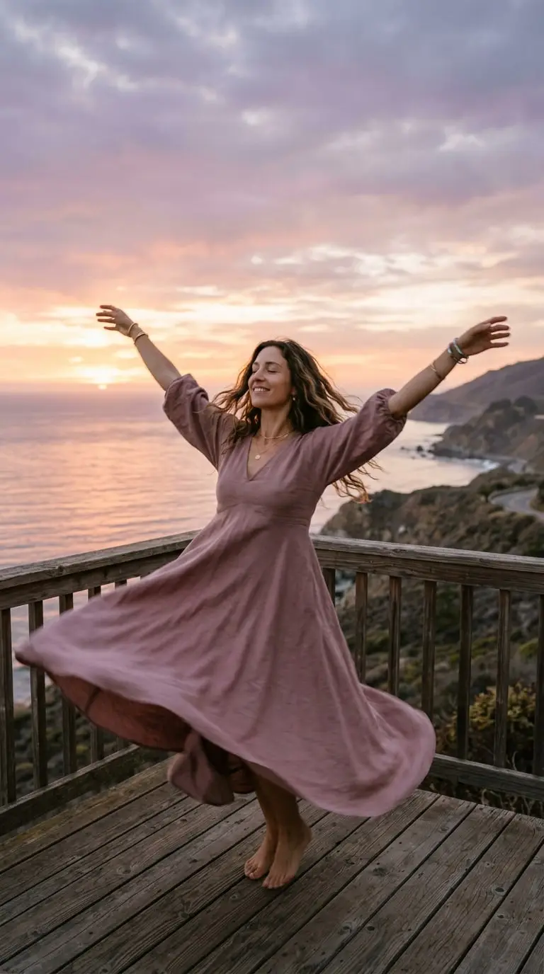 A woman in a flowing mauve dress moving with arms open on a deck above the ocean at dusk