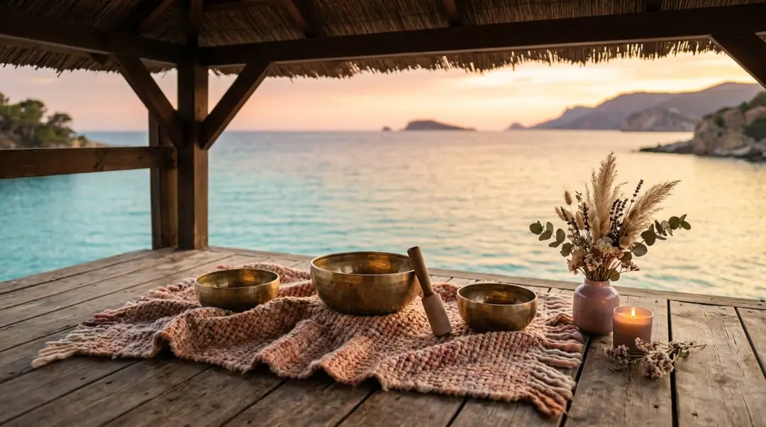 Singing bowls arranged on a woven blanket in a seaside pavilion