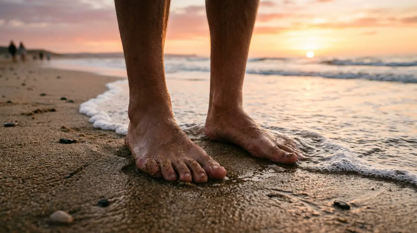 Bare feet grounded in wet sand as sunset tide water washes around them