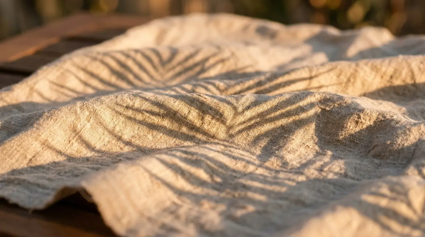 Palm-leaf shadows falling across rippled cream linen in warm light