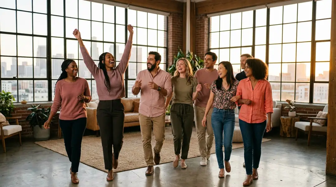 A joyful group moving together in a bright loft space